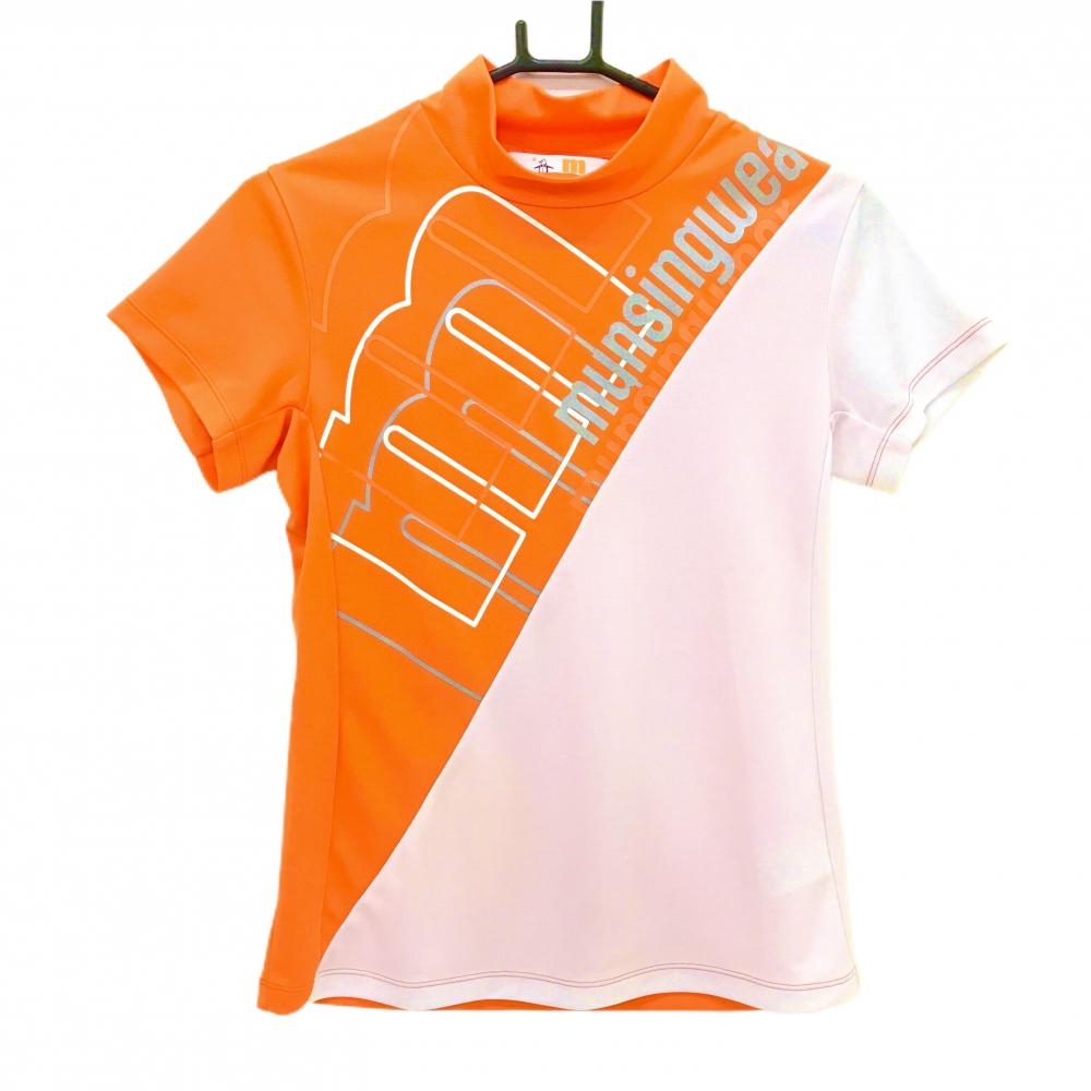 マンシングウェア 半袖ハイネックシャツ オレンジ×白 ビッグロゴ  レディース M ゴルフウェア Munsingwear