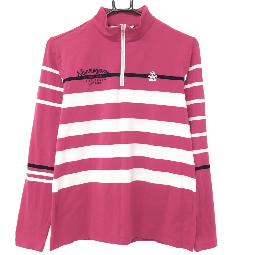 【美品】マンシングウェア 長袖ハイネックシャツ ピンク×白 太ボーダー ハーフジップ レディース L ゴルフウェア Munsingwear
