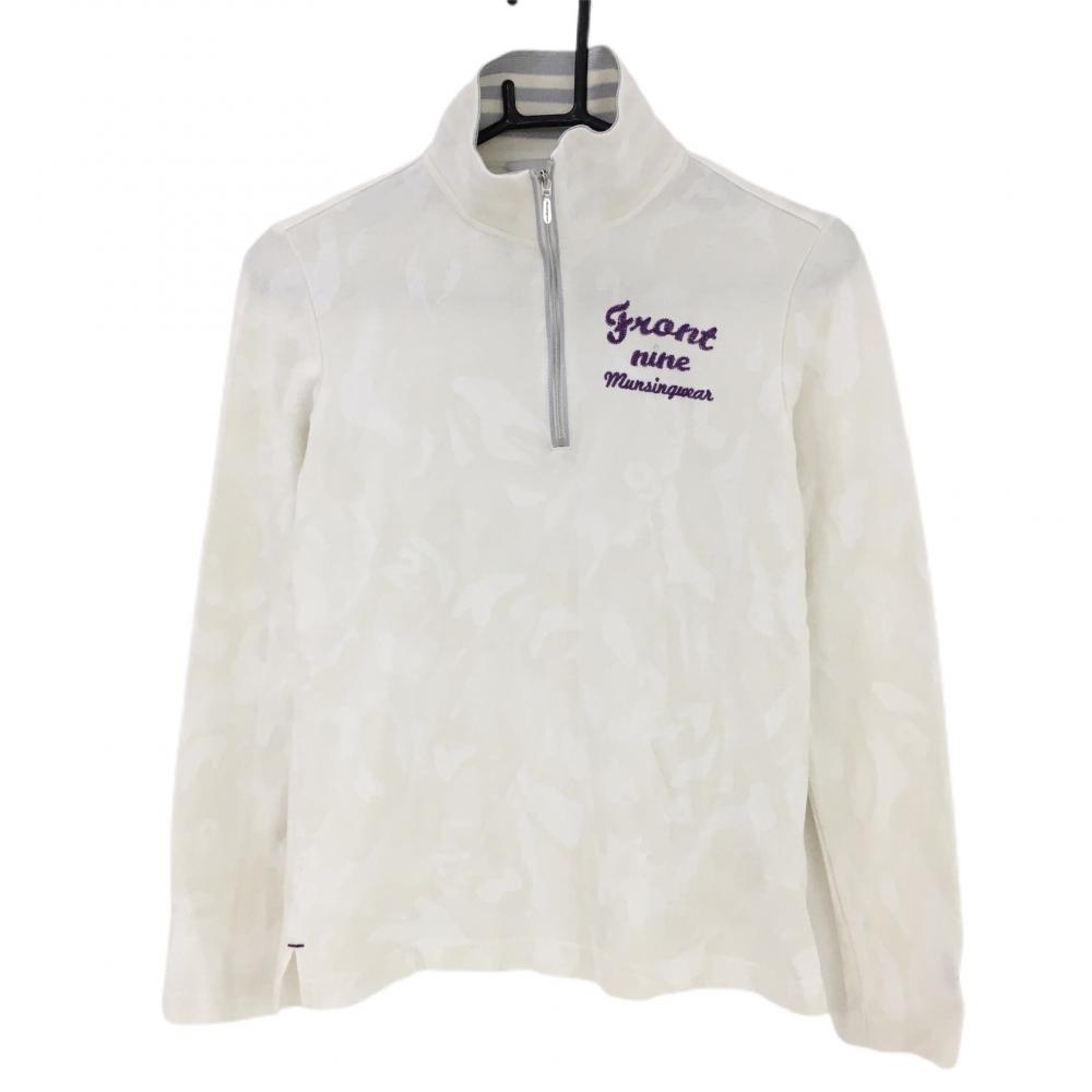 マンシングウェア 長袖ハイネックシャツ アイボリー×白 総柄 地模様 ハーフジップ  レディース M ゴルフウェア Munsingwear
