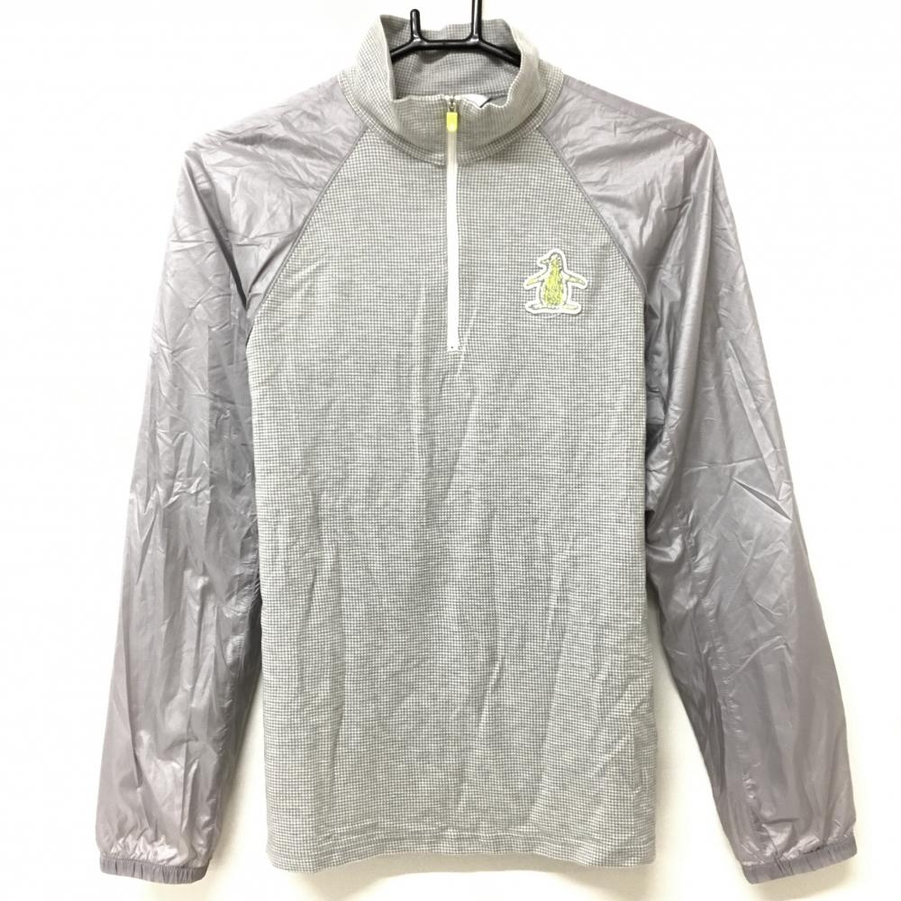 【美品】マンシングウェア 長袖ハイネックシャツ グレー×白 身頃千鳥格子 袖異素材レイヤード  レディース L ゴルフウェア Munsingwear