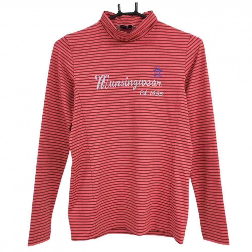 【超美品】マンシングウェア 長袖ハイネックシャツ レッド×ボルドー ボーダー レディース M ゴルフウェア Munsingwear