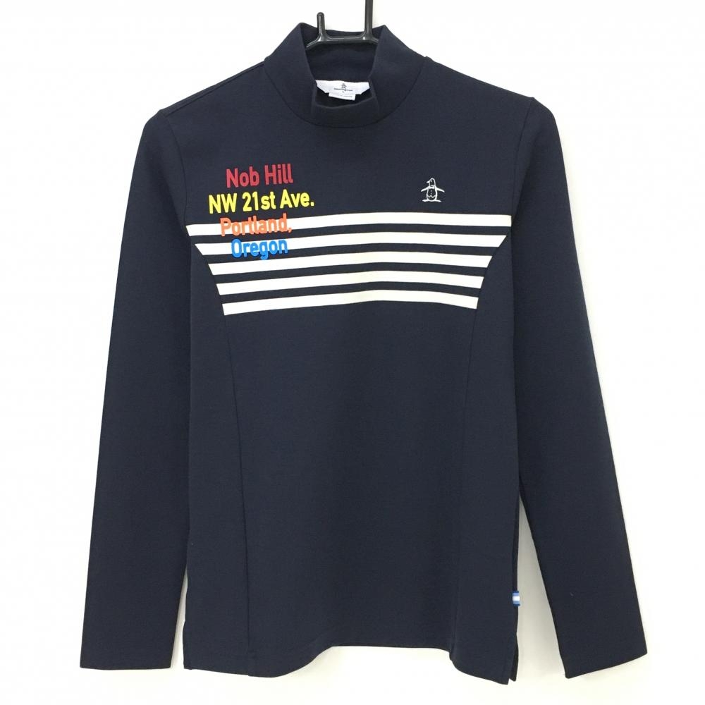 【超美品】マンシングウェア 長袖ハイネックシャツ ネイビー×白 胸元ボーダー ロゴ刺しゅう レディース L ゴルフウェア Munsingwear
