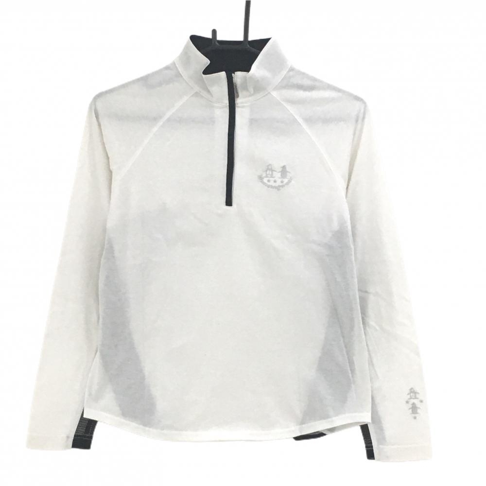 【美品】マンシングウェア 長袖ハイネックシャツ 白×黒 ハーフジップ 袖一部メッシュ レディース M ゴルフウェア Munsingwear