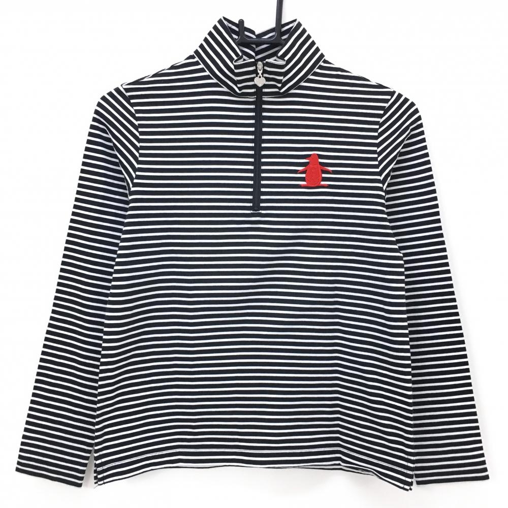【美品】マンシングウェア 長袖ハイネックシャツ 黒×白 ボーダー ハーフジップ ロゴレッド レディース M ゴルフウェア Munsingwear
