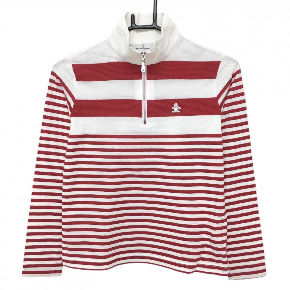 【美品】マンシングウェア 長袖ハイネックシャツ 白×レッド ボーダー ハーフジップ ワッペン  レディース M ゴルフウェア Munsingwear