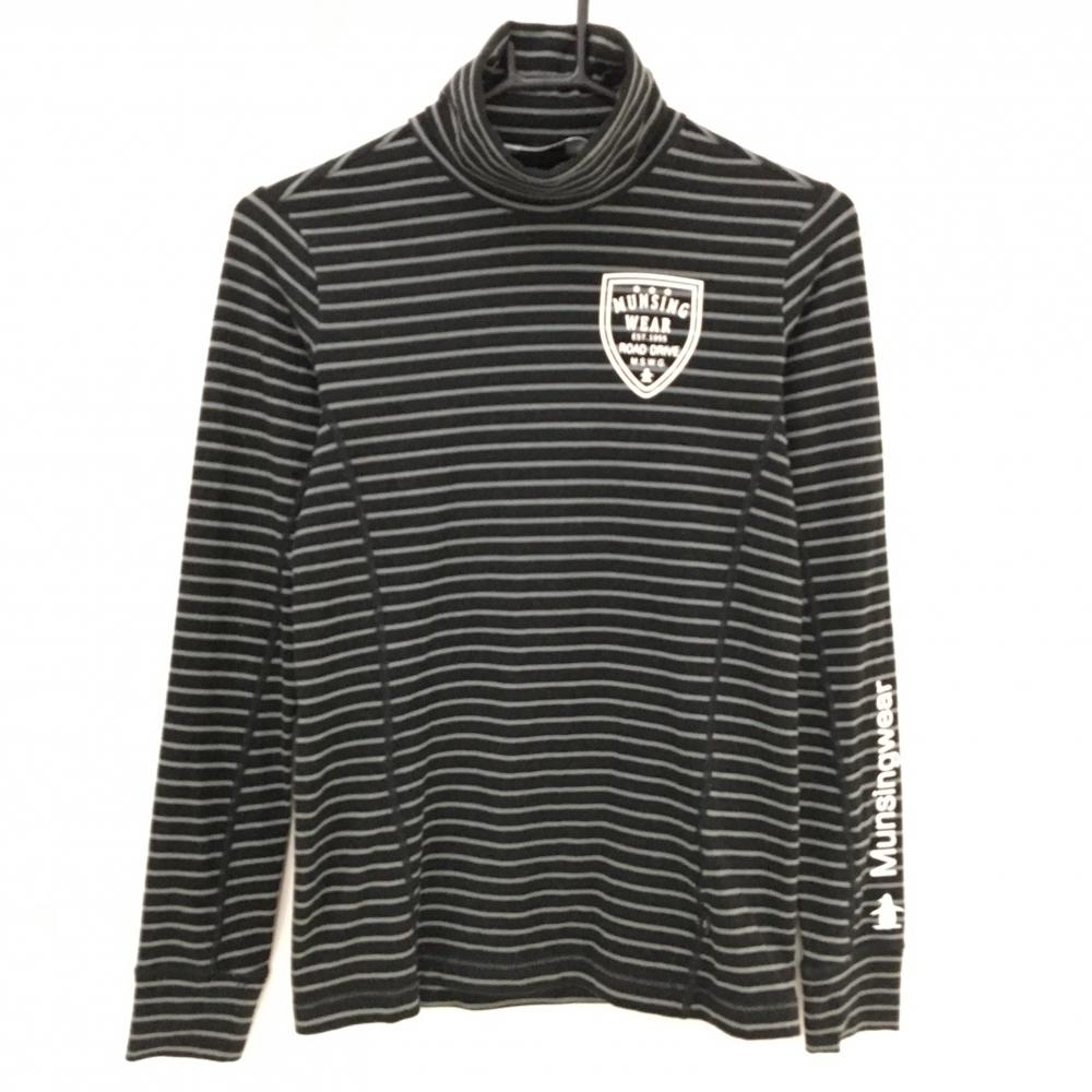 【美品】マンシングウェア 長袖タートルネックシャツ 黒×グレー ボーダー 微起毛 ストレッチ レディース M ゴルフウェア Munsingwear