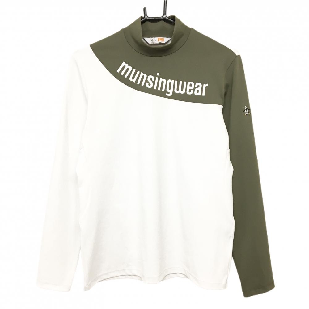 【超美品】マンシングウェア 長袖ハイネックシャツ 白×カーキ ビッグロゴ レディース LL ゴルフウェア Munsingwear