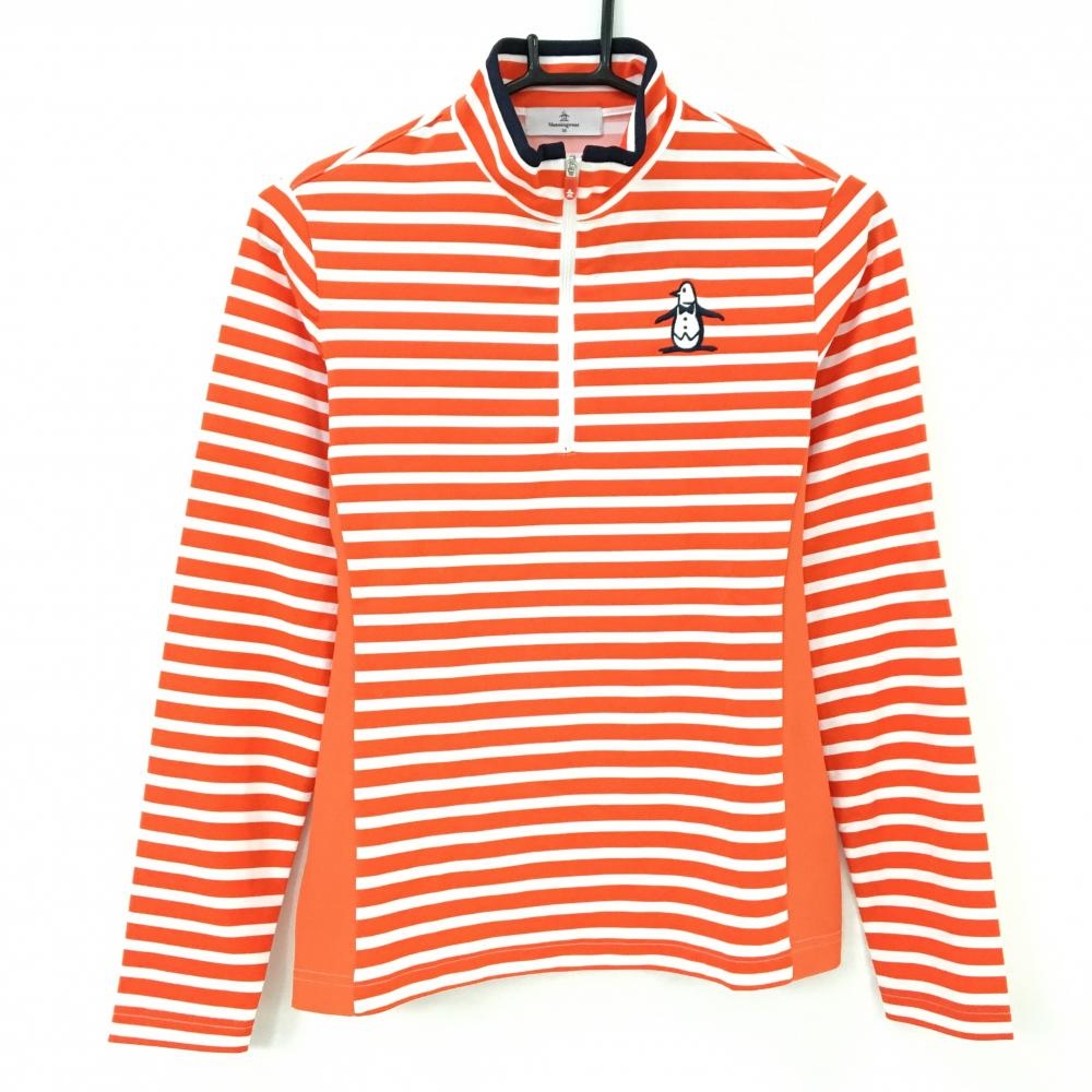 【超美品】マンシングウェア 長袖ハイネックシャツ オレンジ×白 ボーダー ハーフジップ レディース M ゴルフウェア Munsingwear