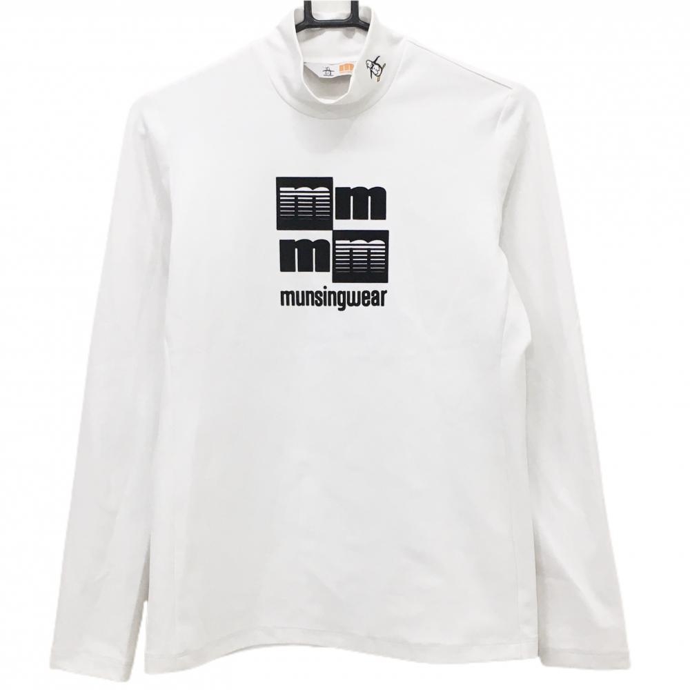【超美品】マンシングウェア 長袖ハイネックシャツ 白×黒 ネックロゴ フロッキープリント レディース L ゴルフウェア Munsingwear