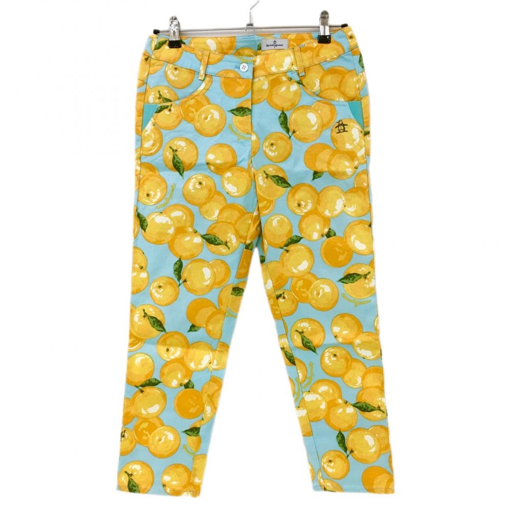 【美品】マンシングウェア パンツ ライトブルー×オレンジ 総柄 オレンジ ロゴ刺しゅう  レディース 9 ゴルフウェア Munsingwear