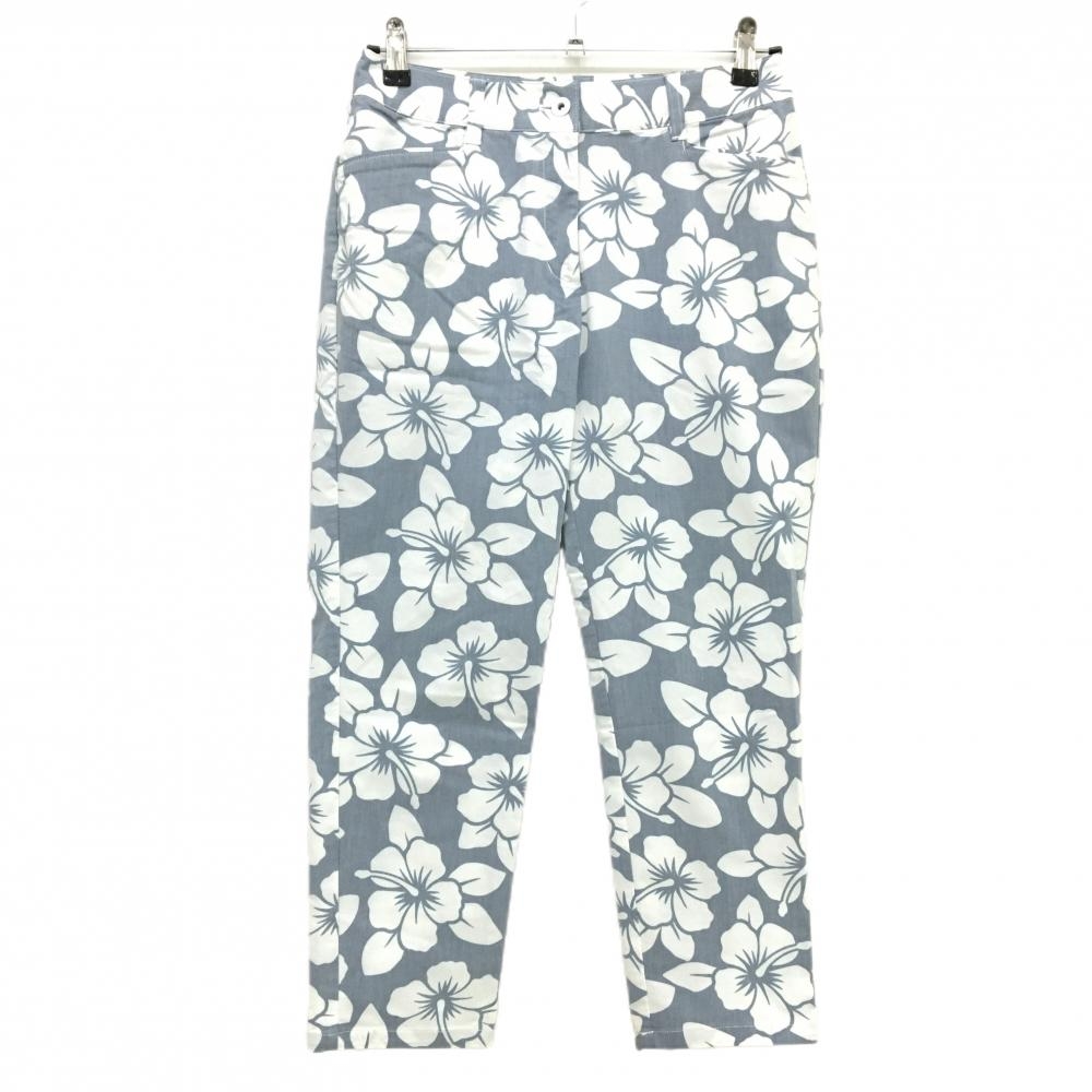 マンシングウェア 七分丈パンツ ネイビー×白 ハイビスカス総柄 コットン混 レディース 9 ゴルフウェア Munsingwear