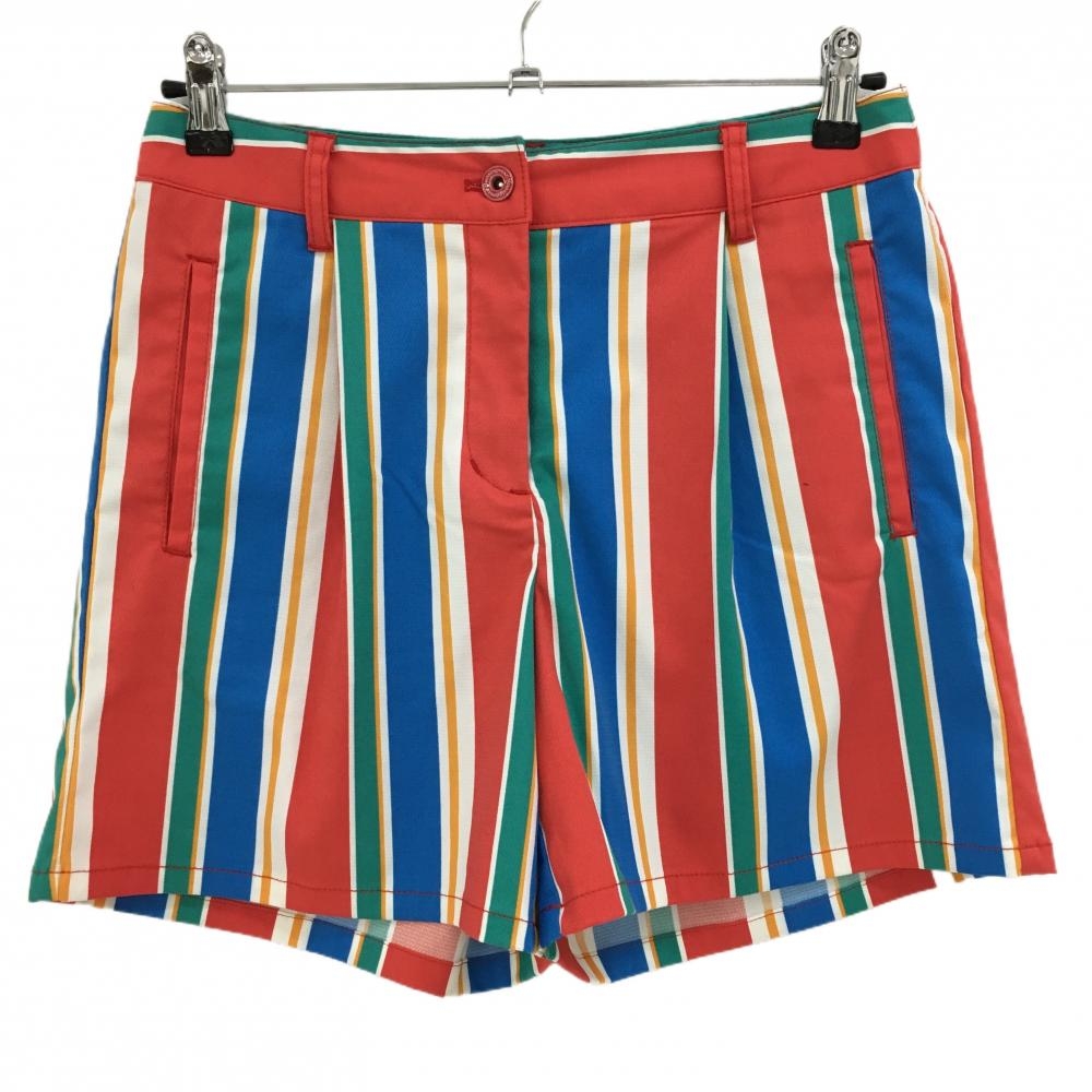 【超美品】マンシングウェア ショートパンツ レッド×マルチカラー ストライプ レディース 11 ゴルフウェア Munsingwear