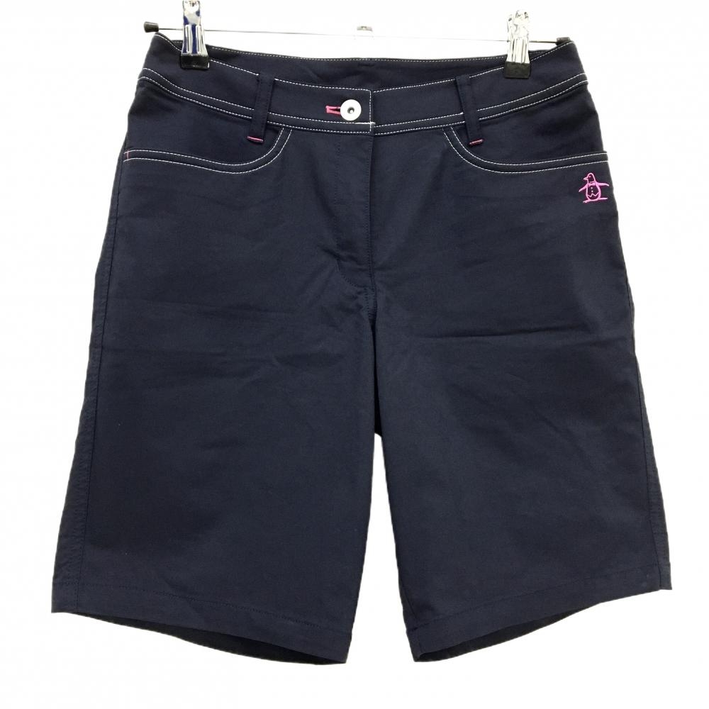 【美品】マンシングウェア ハーフパンツ ネイビー ステッチ白 ロゴ刺しゅう  レディース 9 ゴルフウェア Munsingwear