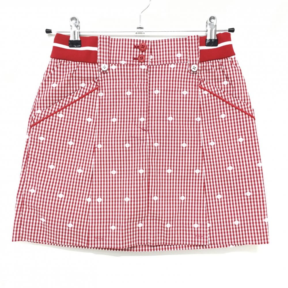 【超美品】マンシングウェア スカート レッド×白 チェック柄×ドット柄 ウエストゴム レディース 5 ゴルフウェア Munsingwear