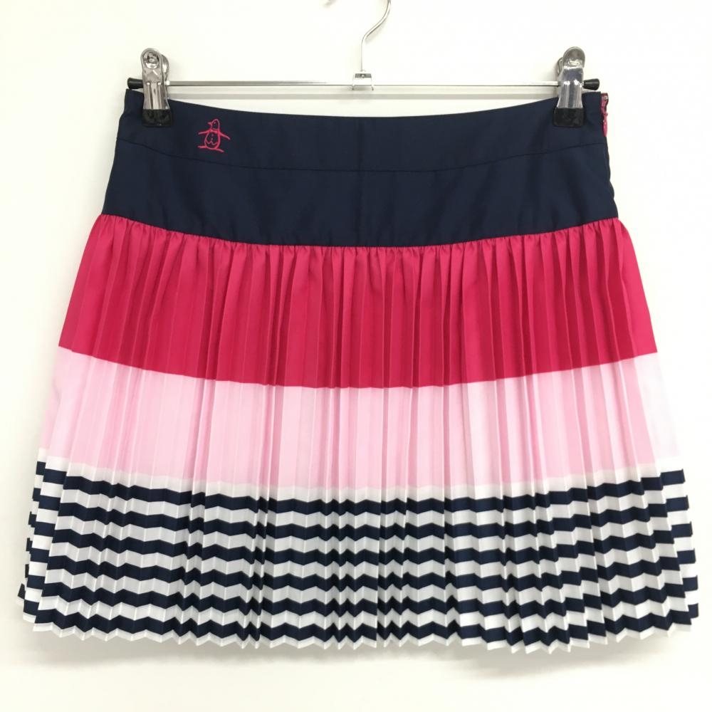 【超美品】マンシングウェア プリーツスカート ネイビー×ピンク 裾ボーダー 裏地付き レディース 9 ゴルフウェア Munsingwear