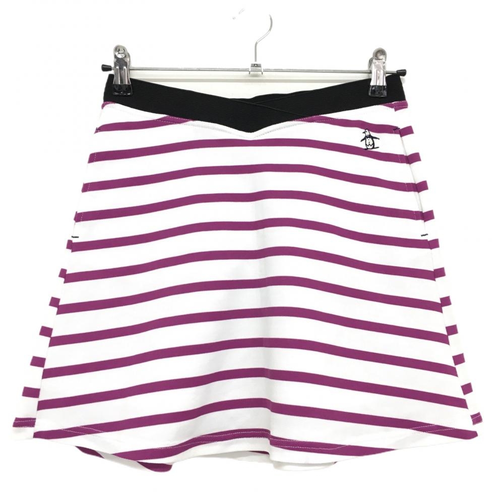 【美品】マンシングウェア スカート 白×パープル ボーダー柄 後ろ一部フリル ウエストゴム レディース M ゴルフウェア Munsingwear
