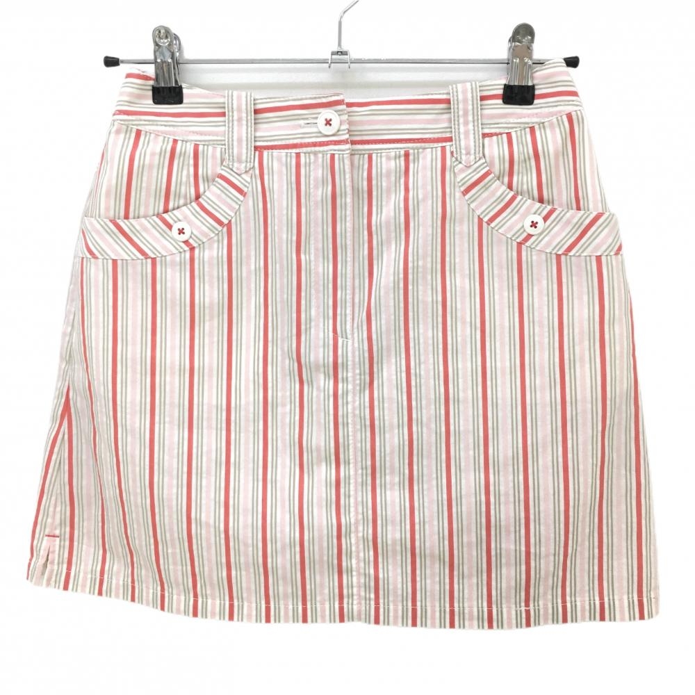 【美品】マンシングウェア スカート 白×ピンク ストライプ ストレッチ 内側インナーパンツ  レディース 7 ゴルフウェア Munsingwear