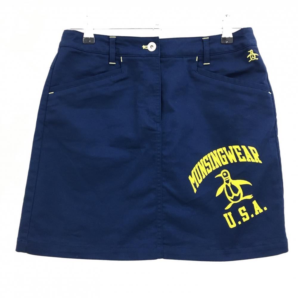 【超美品】マンシングウェア スカート ネイビー×イエロー ビッグロゴプリント レディース 9(M) ゴルフウェア Munsingwear