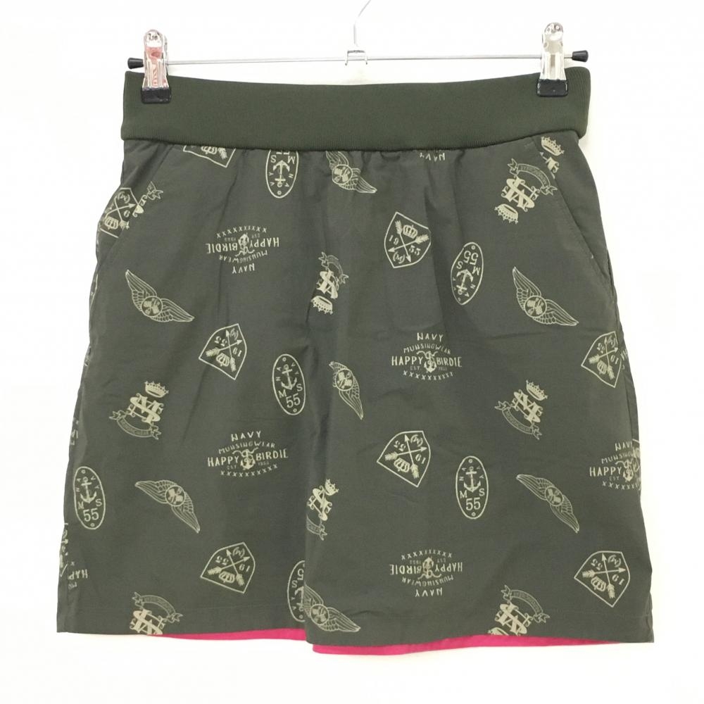 【美品】マンシングウェア リバーシブルスカート カーキ 総柄 裏ピンク無地 ストレッチ レディース L ゴルフウェア Munsingwear