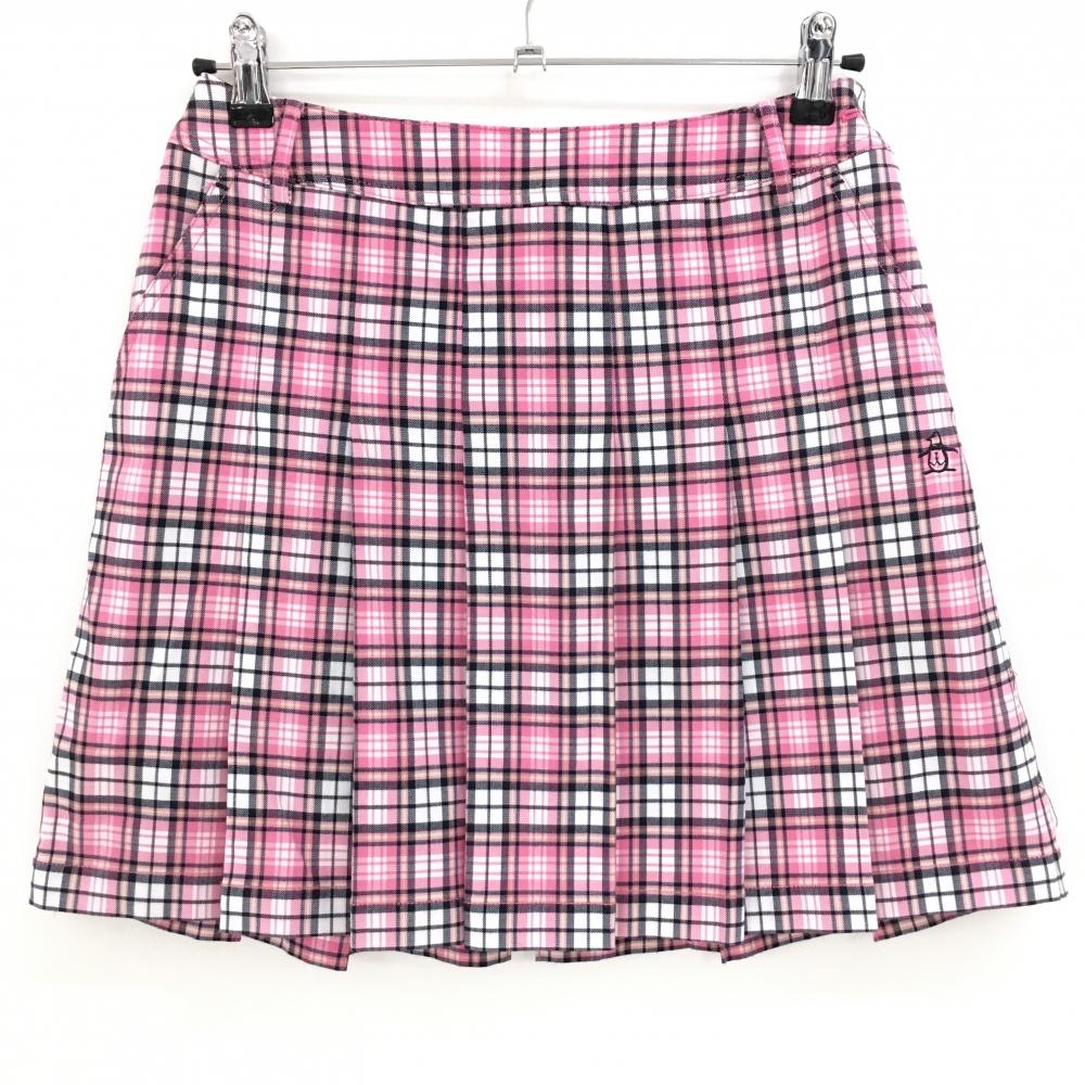 【超美品】マンシングウェア プリーツスカート ピンク×黒 チェック ストレッチ  レディース 7 ゴルフウェア Munsingwear