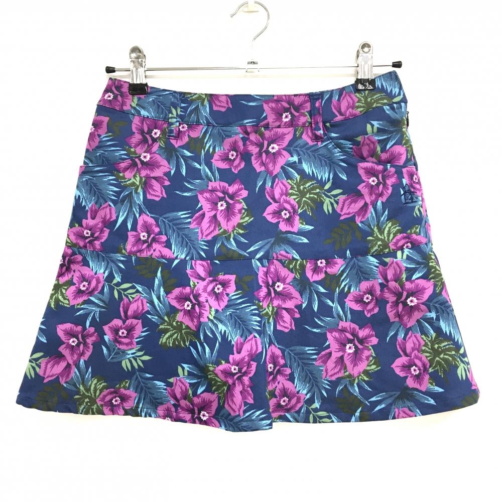 【超美品】マンシングウェア スカート ネイビー×パープル 花柄 リーフ柄 レディース 7 ゴルフウェア Munsingwear