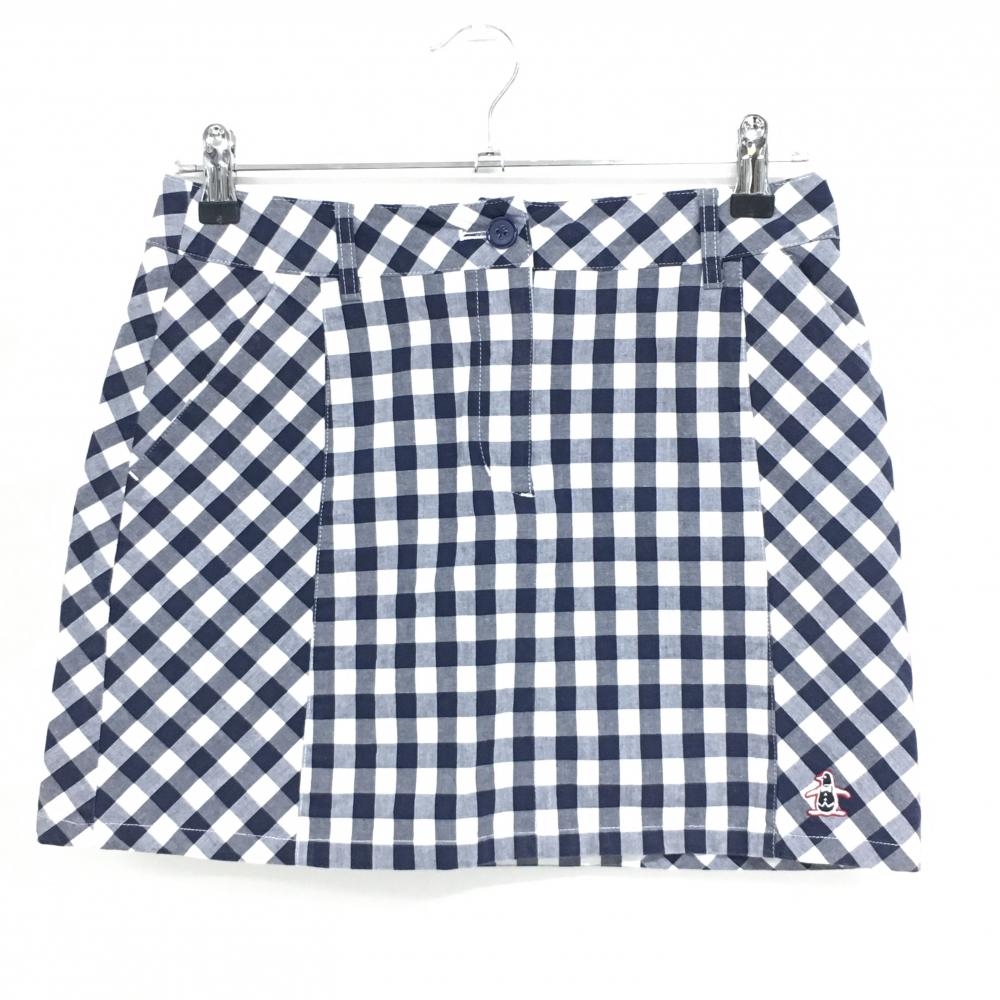 【超美品】マンシングウェア スカート 白×ネイビー チェック柄 ロゴ刺しゅう レディース 9 ゴルフウェア Munsingwear