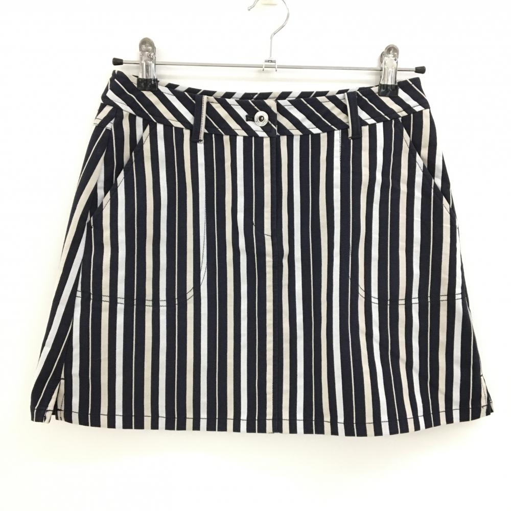 【美品】マンシングウェア スカート ネイビー×ライトグレー ストライプ ロゴ刺しゅう レディース 9 ゴルフウェア Munsingwear