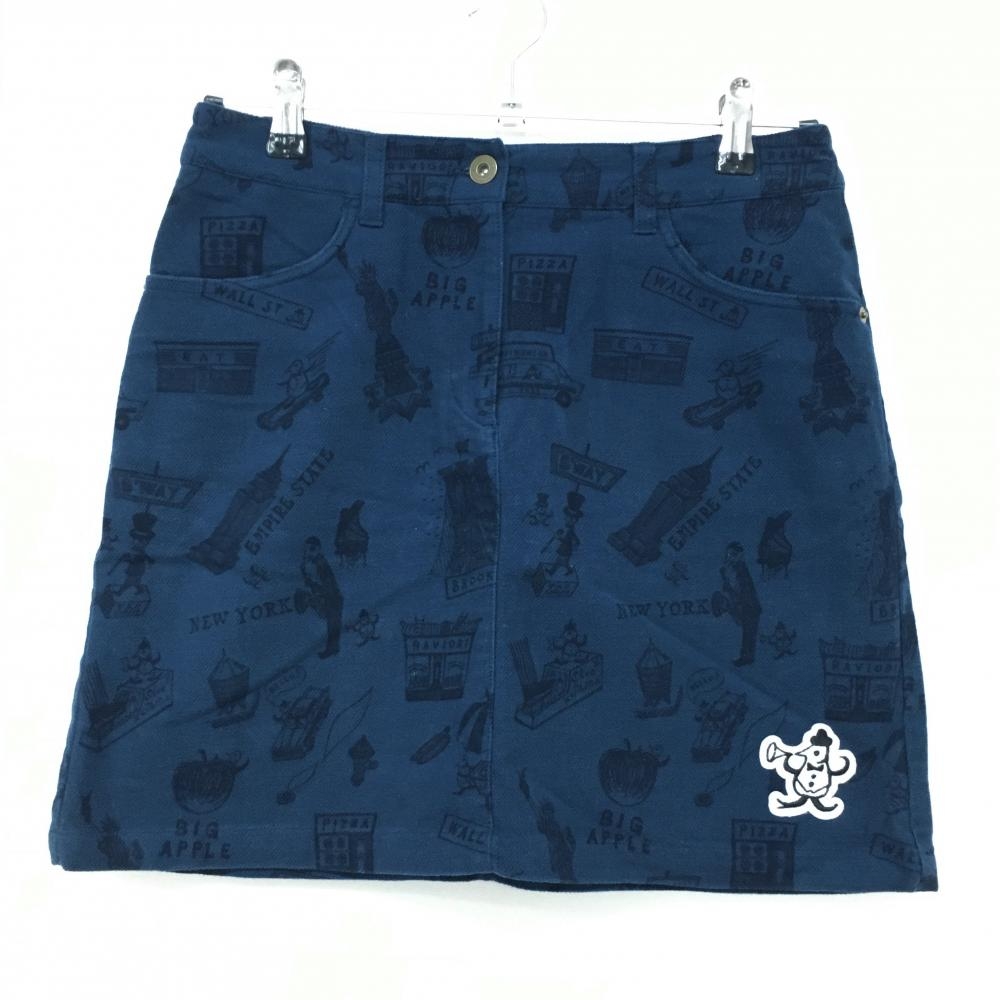 マンシングウェア スカート ネイビー×黒 総柄 ワッペン コットン混 レディース 9 ゴルフウェア Munsingwear