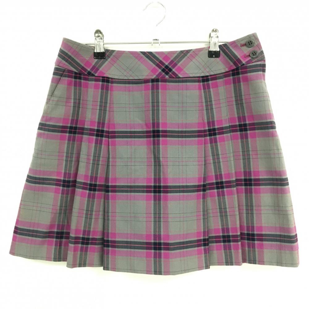 【美品】マンシングウェア スカート グレー×ピンク系×ネイビー チェック 裾プリーツ  レディース 11 ゴルフウェア Munsingwear