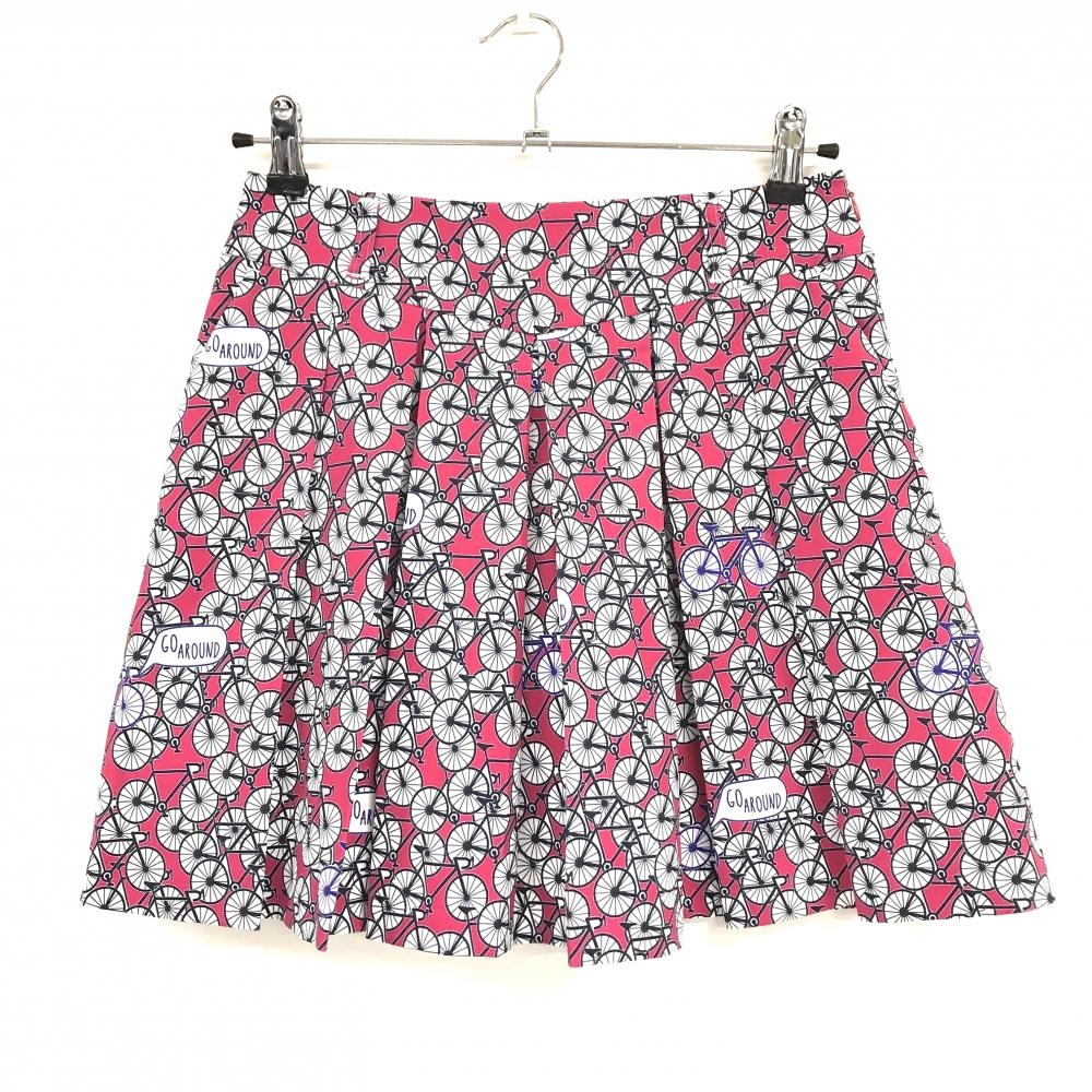 【美品】マンシングウェア プリーツスカート レッドピンク×白 自転車柄 内側インナーパンツ レディース 9 ゴルフウェア Munsingwear