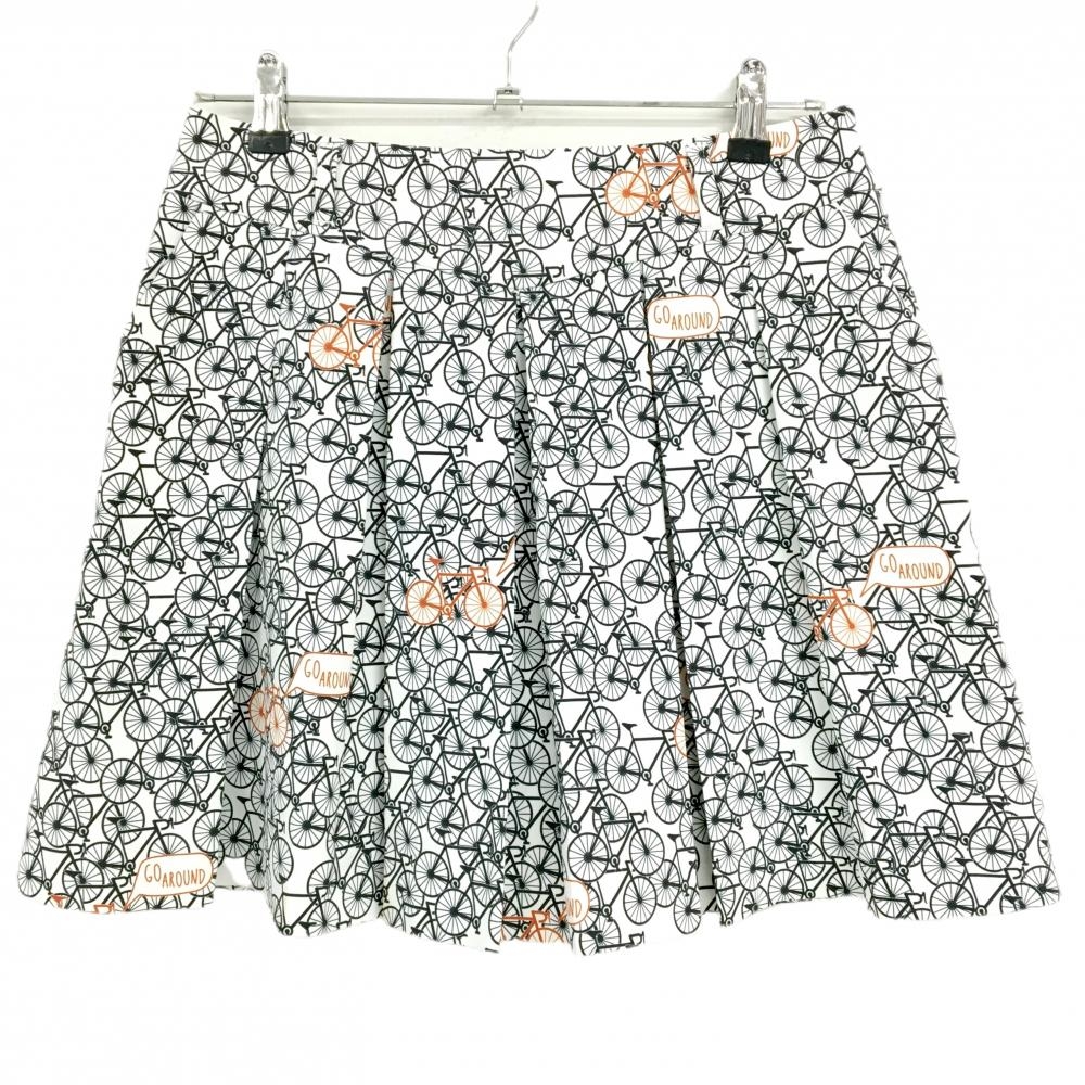 【美品】マンシングウェア スカート 白×ネイビー 自転車総柄 ボックスプリーツ レディース 13 ゴルフウェア Munsingwear