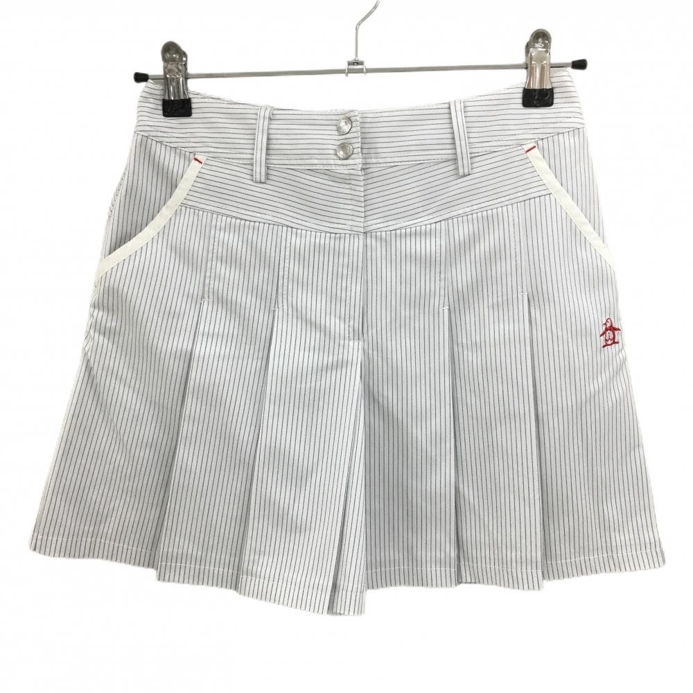 【超美品】マンシングウェア キュロットスカート 白×黒 ストライプ ボーダー プリーツ  レディース 7 ゴルフウェア Munsingwear