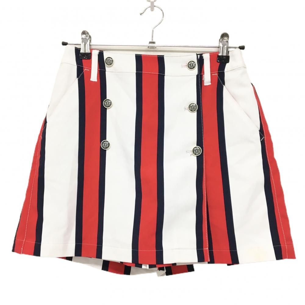 マンシングウェア キュロットスカート 白×レッド ストライプ柄 ラップスカート風 バックロゴ  レディース 7 ゴルフウェア Munsingwear