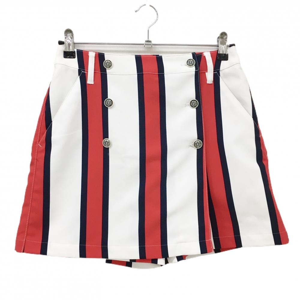 マンシングウェア キュロットスカート 白×レッド×ネイビー ストライプ ボタン レディース 9 ゴルフウェア Munsingwear