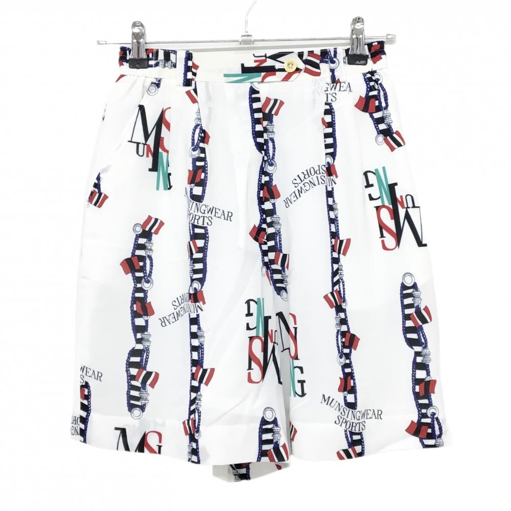 【美品】マンシングウェア キュロットスカート 白×ネイビー×レッド 総柄 裏地付 GRANDSLUM  レディース M ゴルフウェア Munsingwear