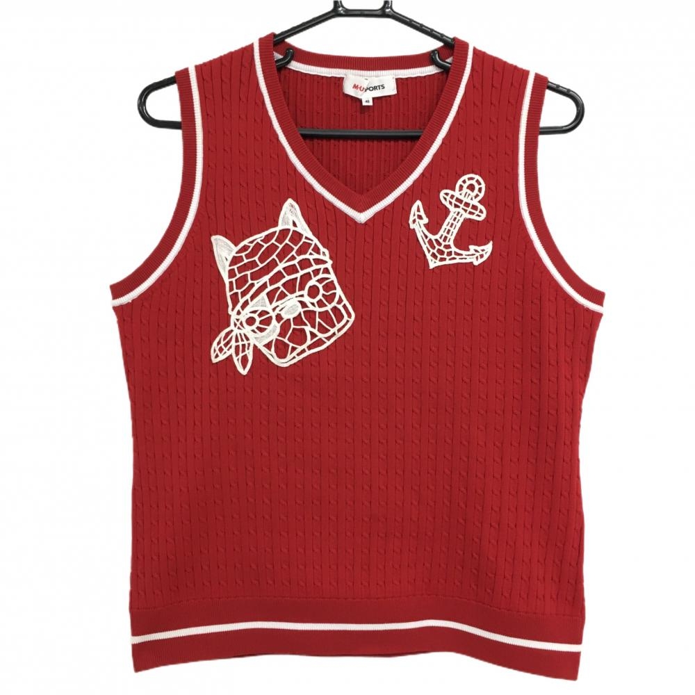 【超美品】MUスポーツ ニットベスト レッド×白 Vネック イヌ レディース 40(M) ゴルフウェア M・U SPORTS