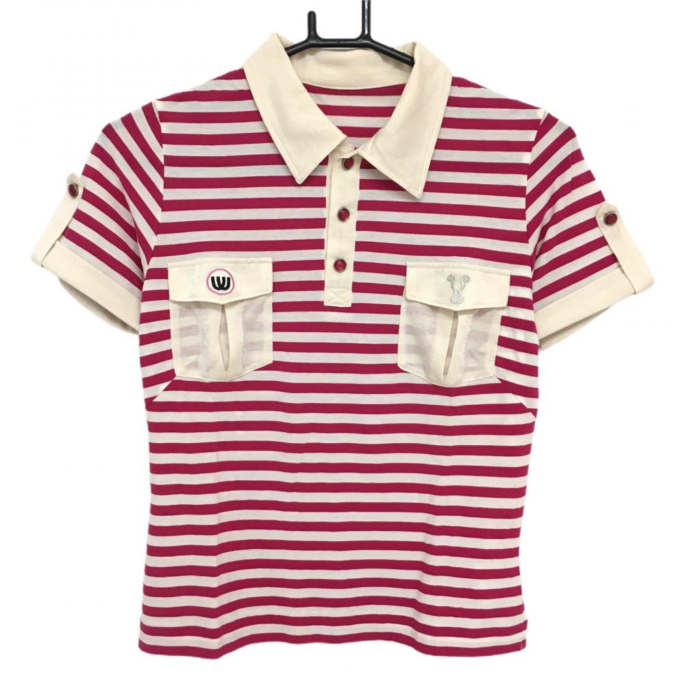 【超美品】MUスポーツ 半袖ポロシャツ ピンク×白 ボーダー 襟袖口異素材 レディース 38(S) ゴルフウェア M・U SPORTS