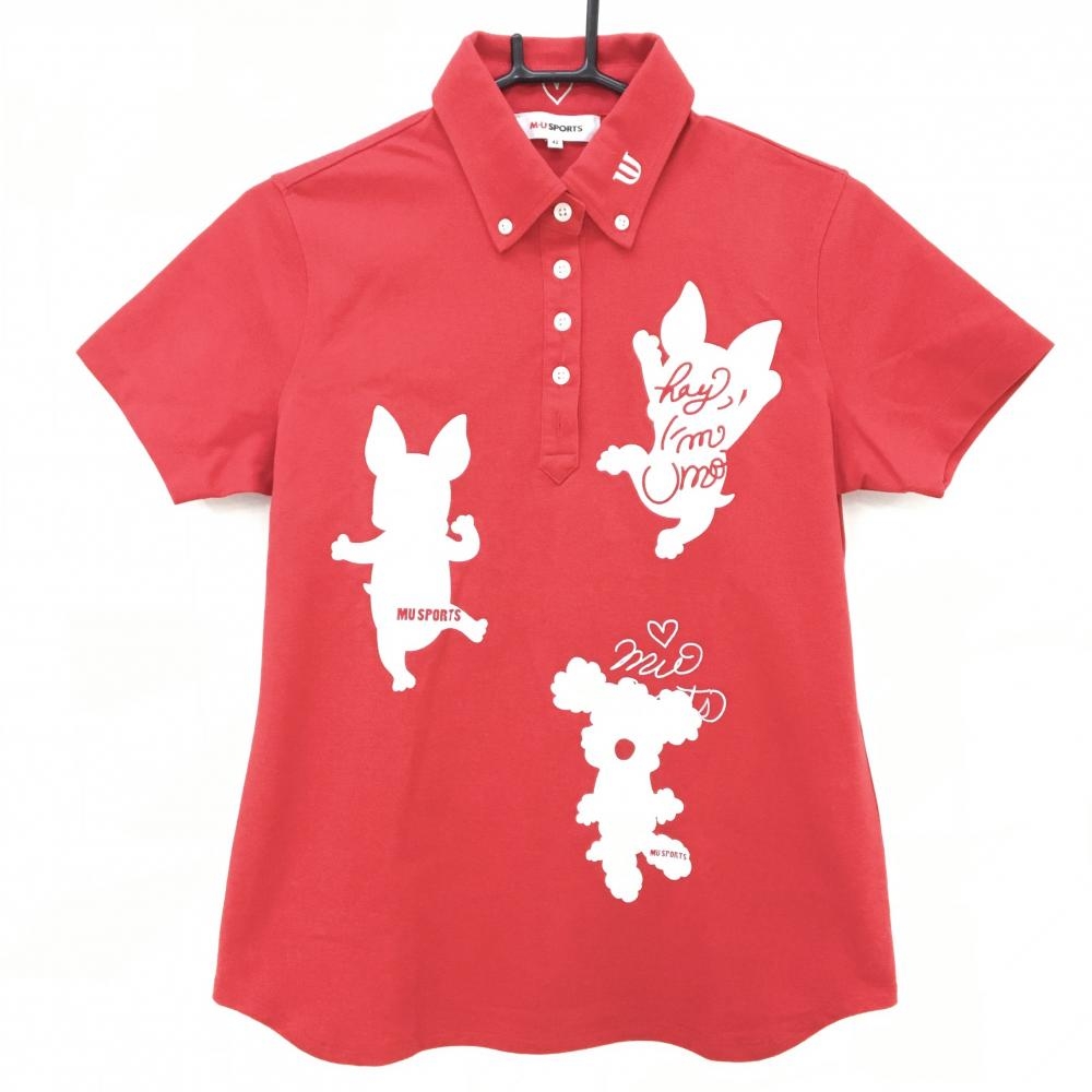 【美品】MUスポーツ 半袖ポロシャツ レッド×白 イヌプリント レディース 42(L) ゴルフウェア M・U SPORTS