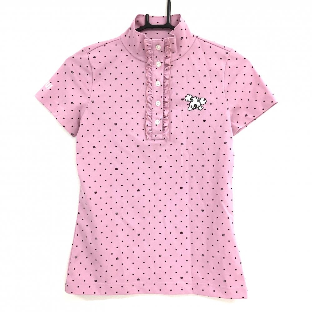 【美品】MUスポーツ 半袖ポロシャツ ピンク×黒 ドット 前立てフリル 犬刺しゅう レディース 40(M) ゴルフウェア M・U SPORTS
