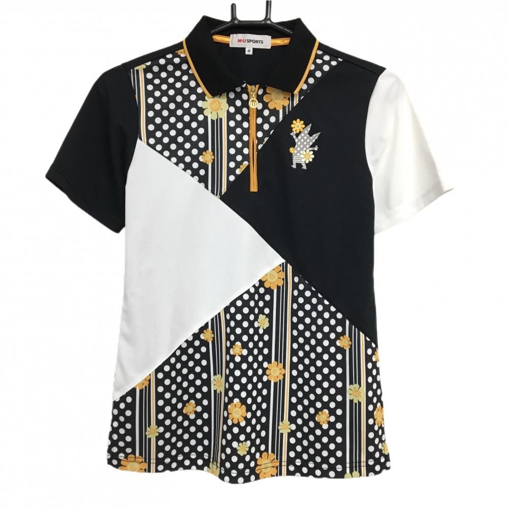 【美品】MUスポーツ 半袖ポロシャツ 黒×白 一部ドット×花柄×ストライプ ハーフジップ レディース 40(M) ゴルフウェア M・U SPORTS