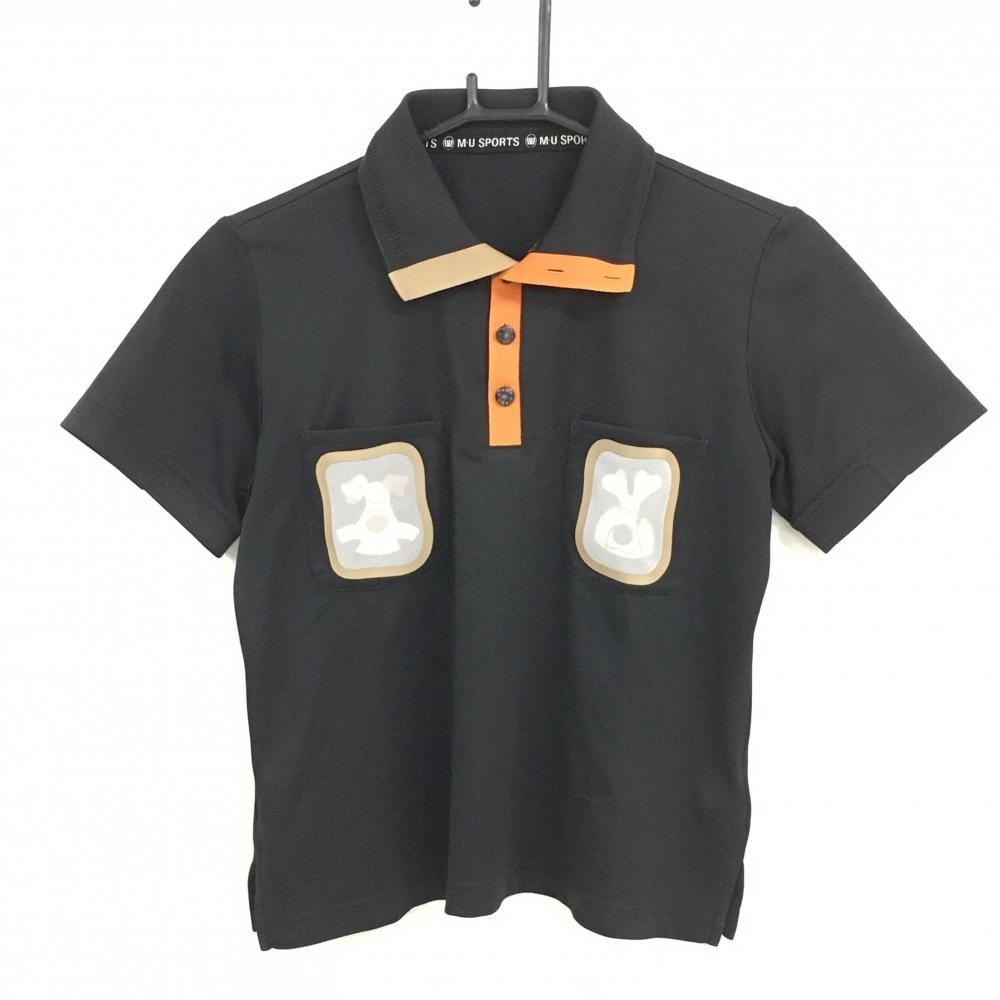 【美品】MUスポーツ 半袖ポロシャツ 黒×ベージュ 胸ポケットプリント メッシュ レディース 38(S) ゴルフウェア M・U SPORTS