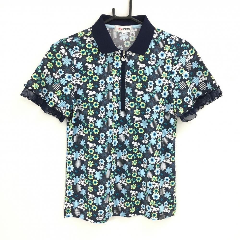 【超美品】MUスポーツ 半袖ポロシャツ ネイビー×ブルー系×グリーン系 総柄 花 犬  レディース 40(M) ゴルフウェア M・U SPORTS