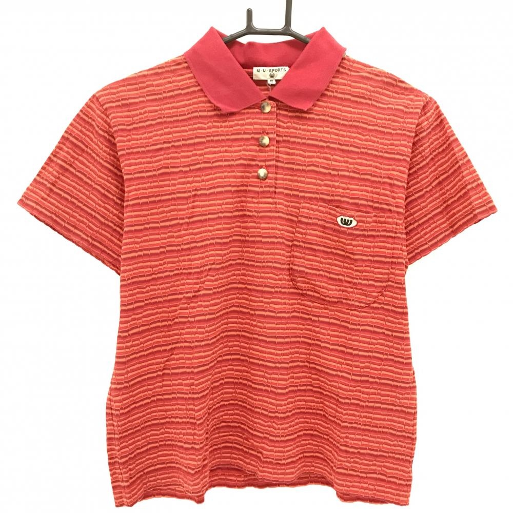 MUスポーツ 半袖ポロシャツ レッド×オレンジ ボーダー調 胸ポケット レディース 40(M) ゴルフウェア M・U SPORTS