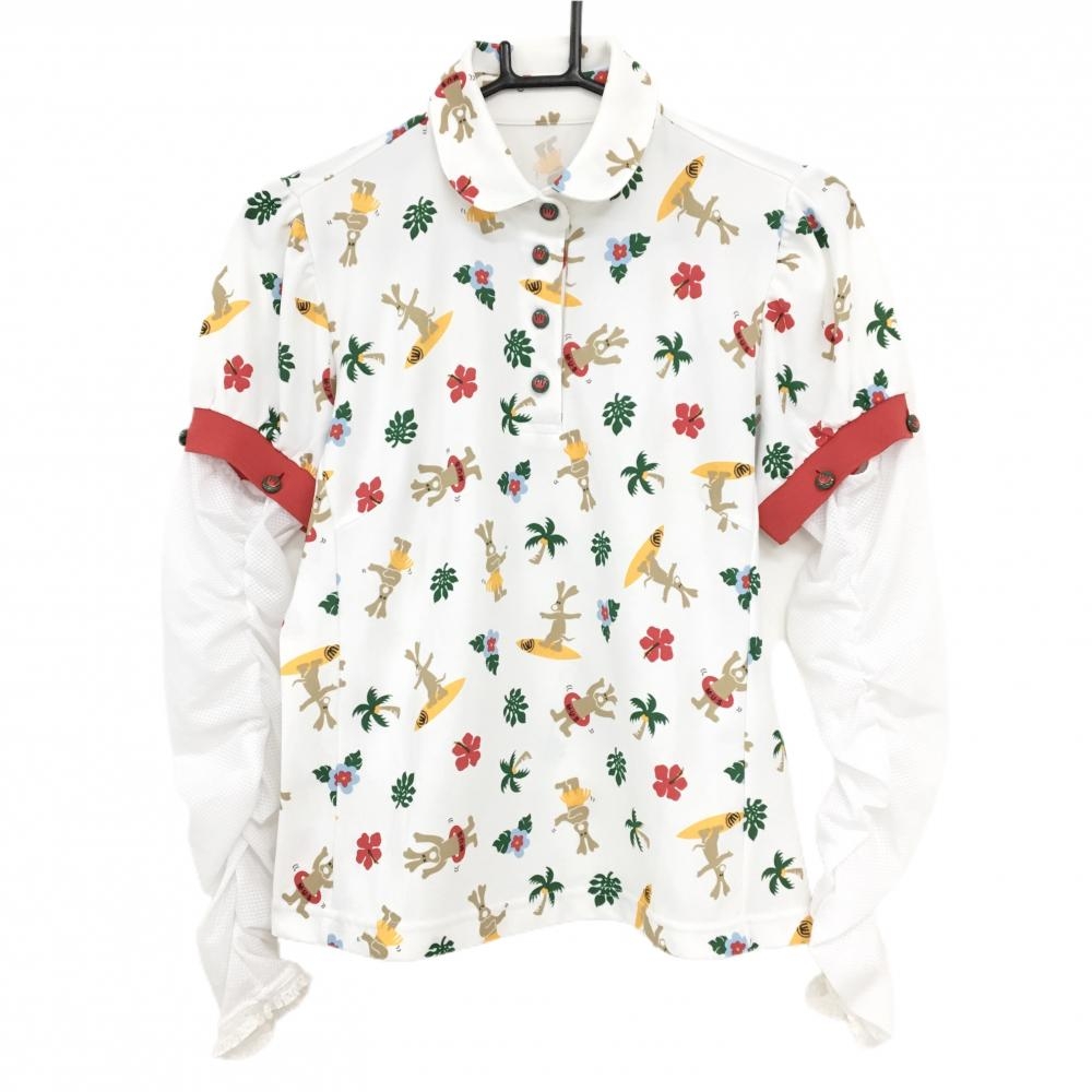 【美品】MUスポーツ 半袖ポロシャツ 白×ベージュ×グリーン ドッグ・ハワイアン柄  レディース 40(M) ゴルフウェア M・U SPORTS
