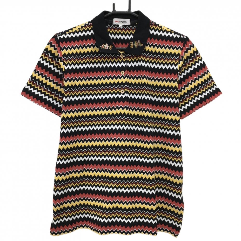 【美品】MUスポーツ 半袖ポロシャツ 黒×レッド ギザギザボーダー レディース 44(XL) ゴルフウェア M・U SPORTS
