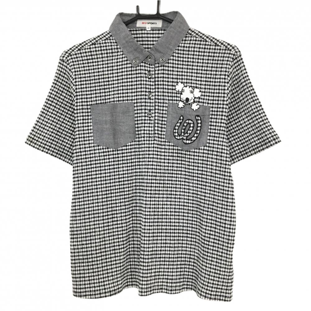 MUスポーツ 半袖ポロシャツ 白×黒 チェック 犬ワッペン ストレッチ レディース 44(XL) ゴルフウェア M・U SPORTS