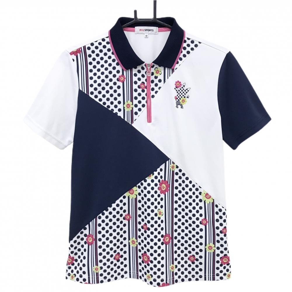 MUスポーツ 半袖ポロシャツ 白×ネイビー 一部ドット柄 ハーフジップ レディース 44(XL) ゴルフウェア M・U SPORTS