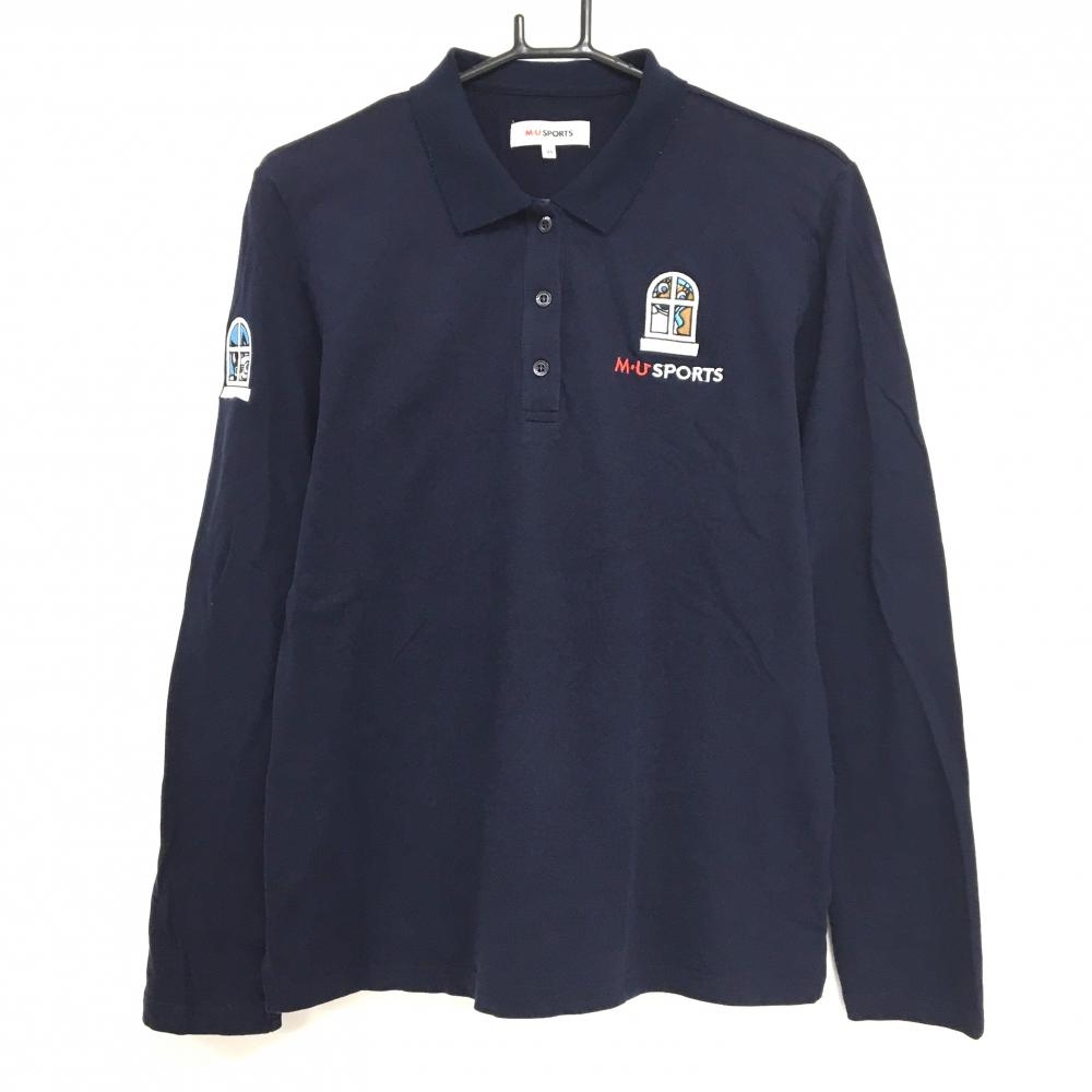 MUスポーツ 長袖ポロシャツ ネイビー 犬刺しゅう レディース 44(XL) ゴルフウェア M・U SPORTS