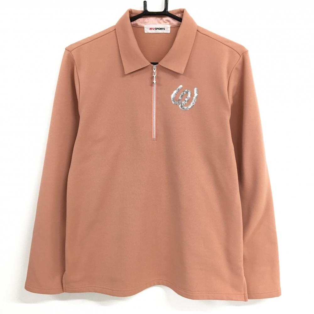 【美品】MUスポーツ 長袖ポロシャツ ピンクベージュ系×シルバー ハーフジップ レディース サイズ表記無し ゴルフウェア M・U SPORTS