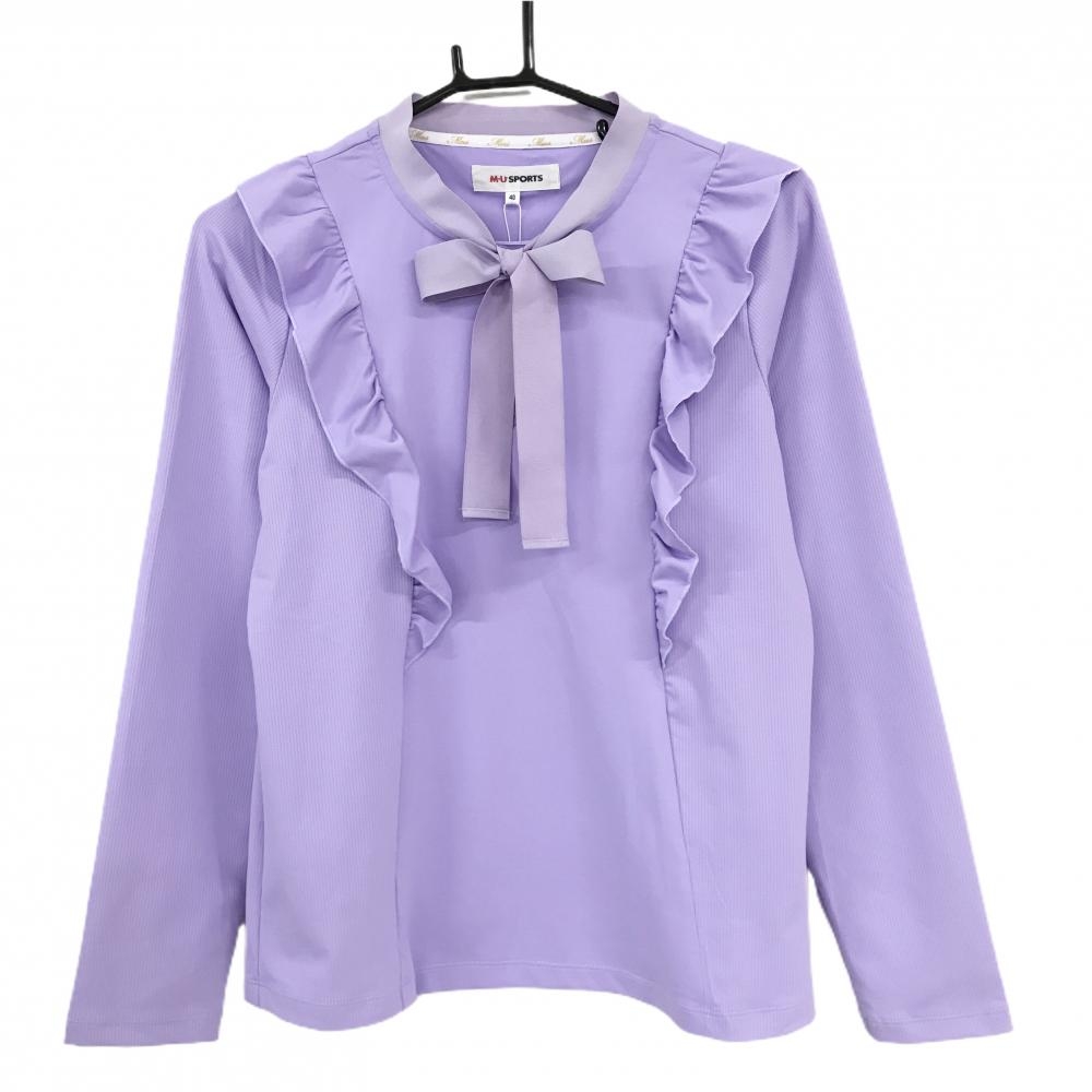 【新品】MUスポーツ ボウタイ付き長袖シャツ ライトパープル フリル リボン ボーンワッペン レディース 40(M) ゴルフウェア M・U SPORTS